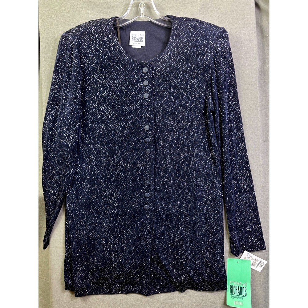 R&M Richards Navy Blue Glitter Dot Button Front Evening Jacket 10P NWT